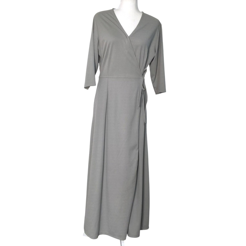 TravelSmith Wrap Dress Womens L Gray 3/4 Sleeve V-Neck Maxi